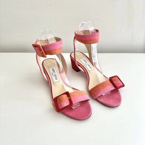 JIMMY CHOO Pink Multi Suede Colorblock Ankle Strap Buckle Heel Sandals Size 38